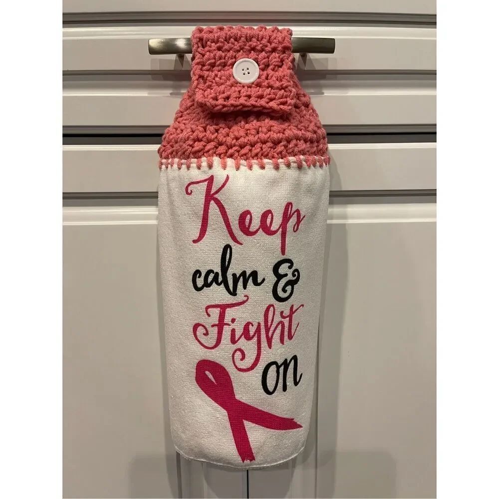 Crochet Top Kitchen Towel- Breast Cancer Awareness Keep Calm And Fight On